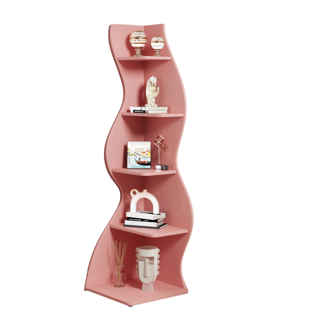 5-Tier White Corner Shelf Storage Rack Wooden Display Bookshelf for Living Room Bedroom Office Pink