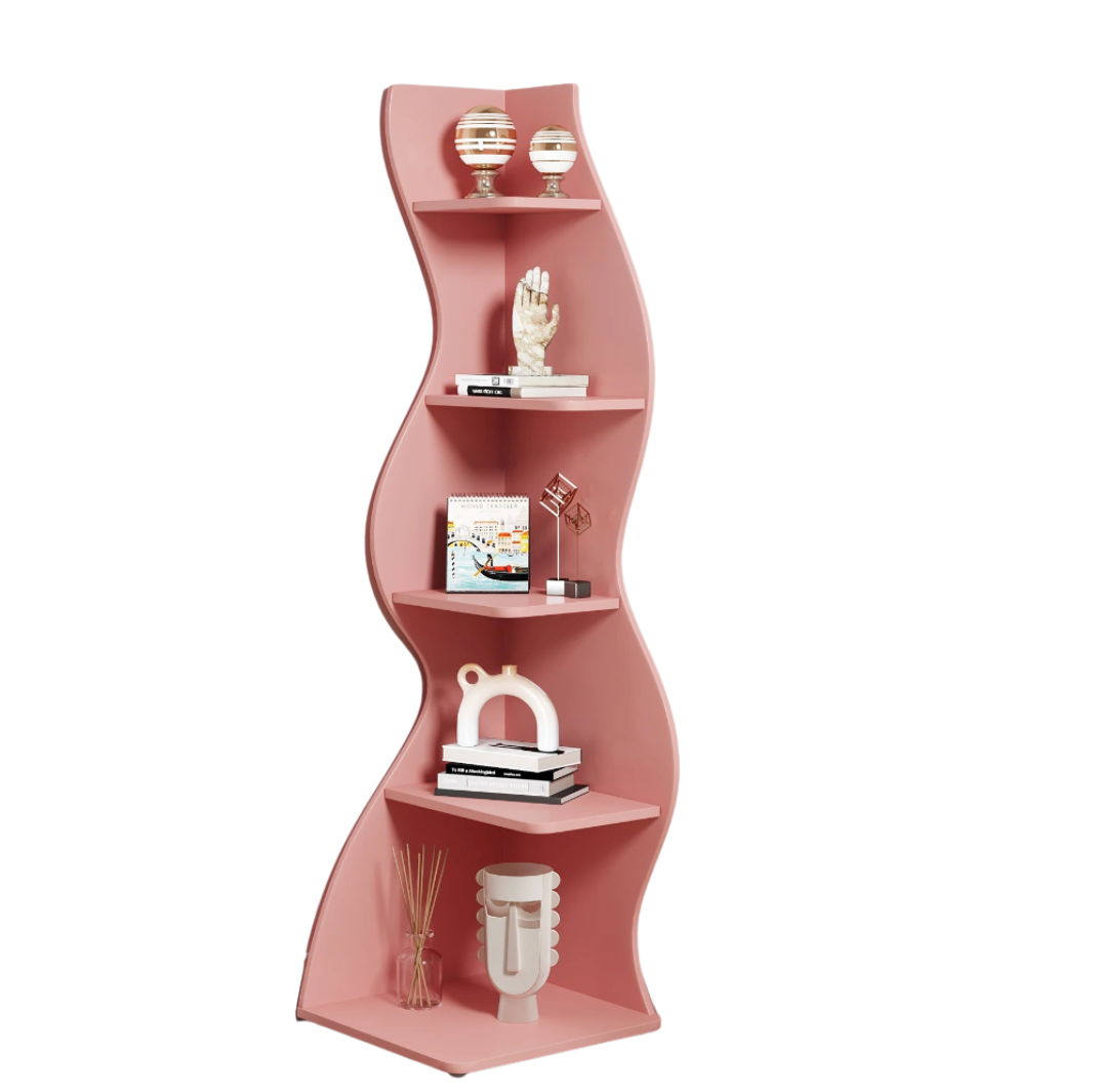 5-Tier White Corner Shelf Storage Rack Wooden Display Bookshelf for Living Room Bedroom Office Pink