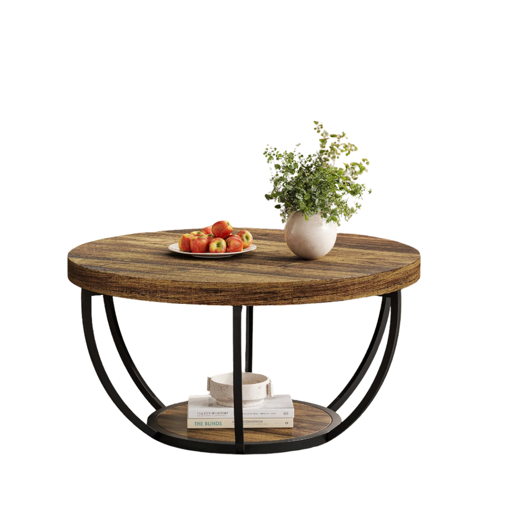 2-Tier Round Coffee Table with Metal Frame and Wooden Shelves Modern Living Room Side Table