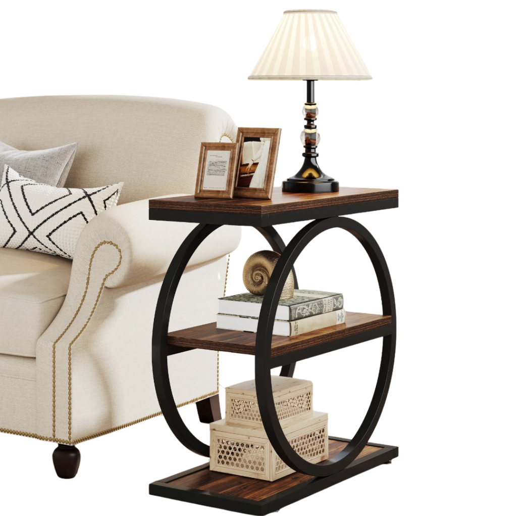 3-Tier Industrial Side Table with Metal Frame and Wooden Shelves Slim Storage End Table