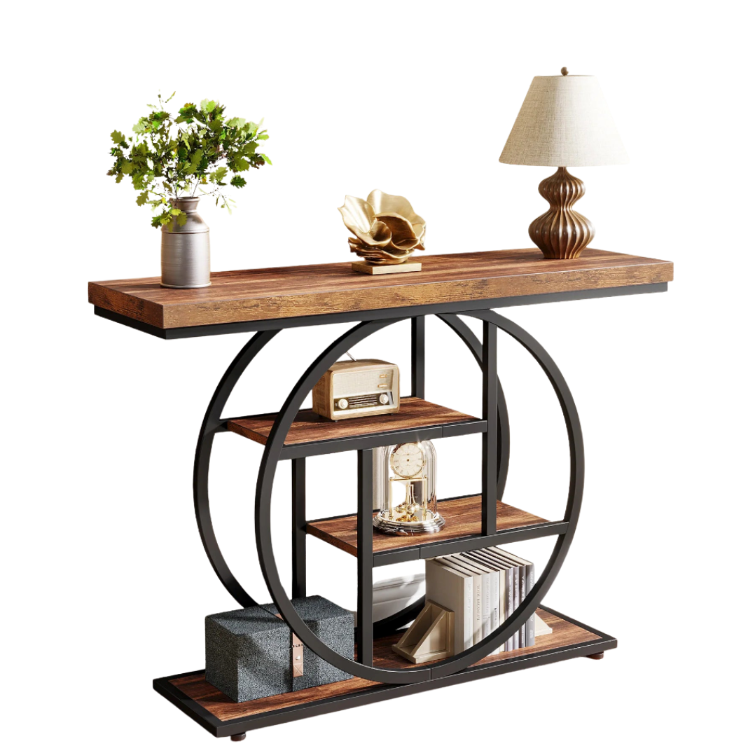 4-Tier Industrial Console Table with Metal Frame and Wooden Shelves Entryway Hallway Storage Table Dark Brown