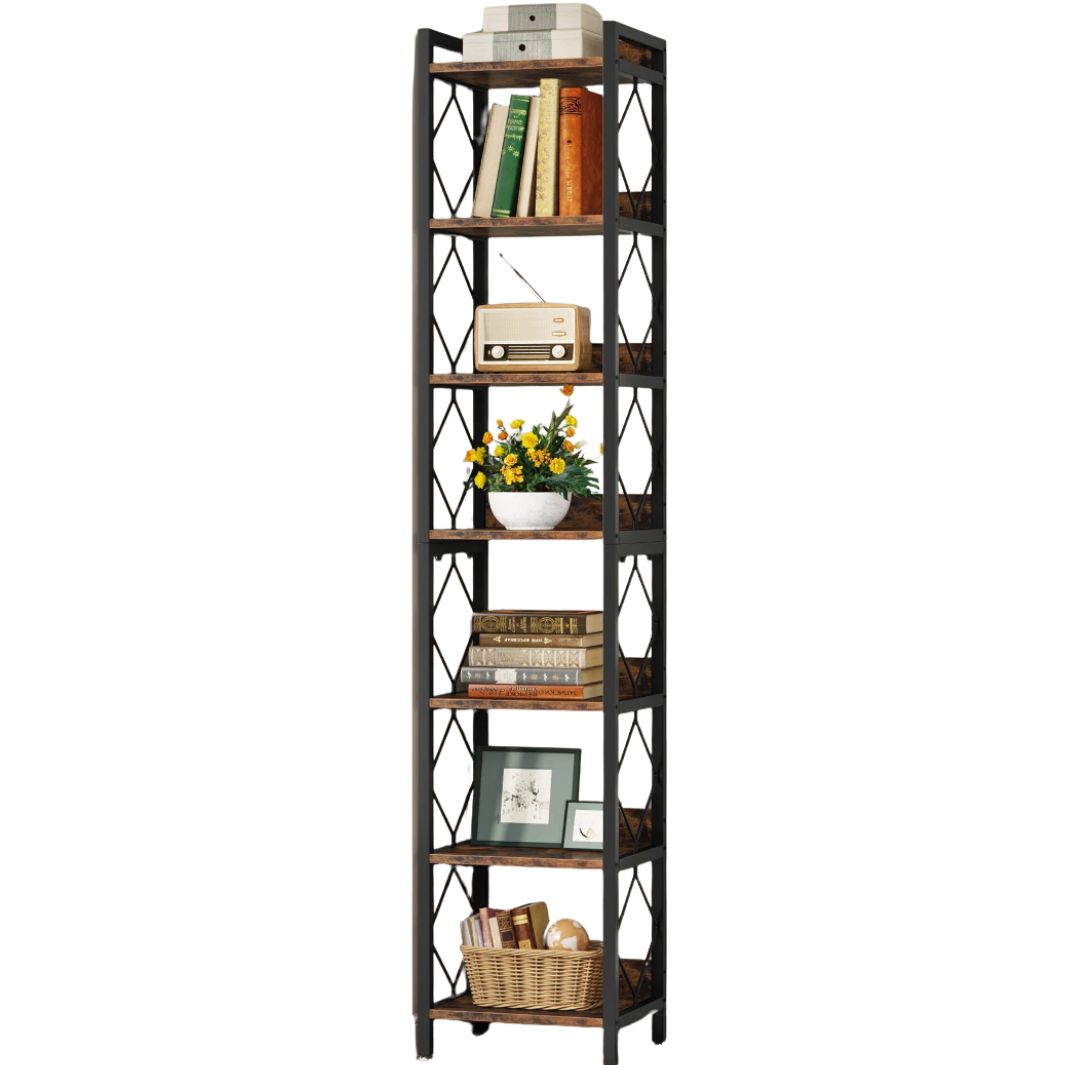 7-Tier Corner Bookshelf Narrow Metal Corner Shelf Storage Display Rack Brown