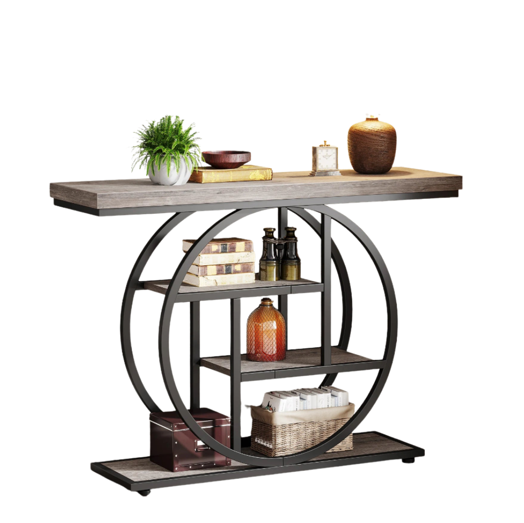 4-Tier Industrial Console Table with Metal Frame and Wooden Shelves Entryway Hallway Storage Table Grey