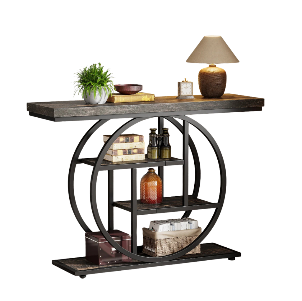 4-Tier Industrial Console Table with Metal Frame and Wooden Shelves Entryway Hallway Storage Table Black