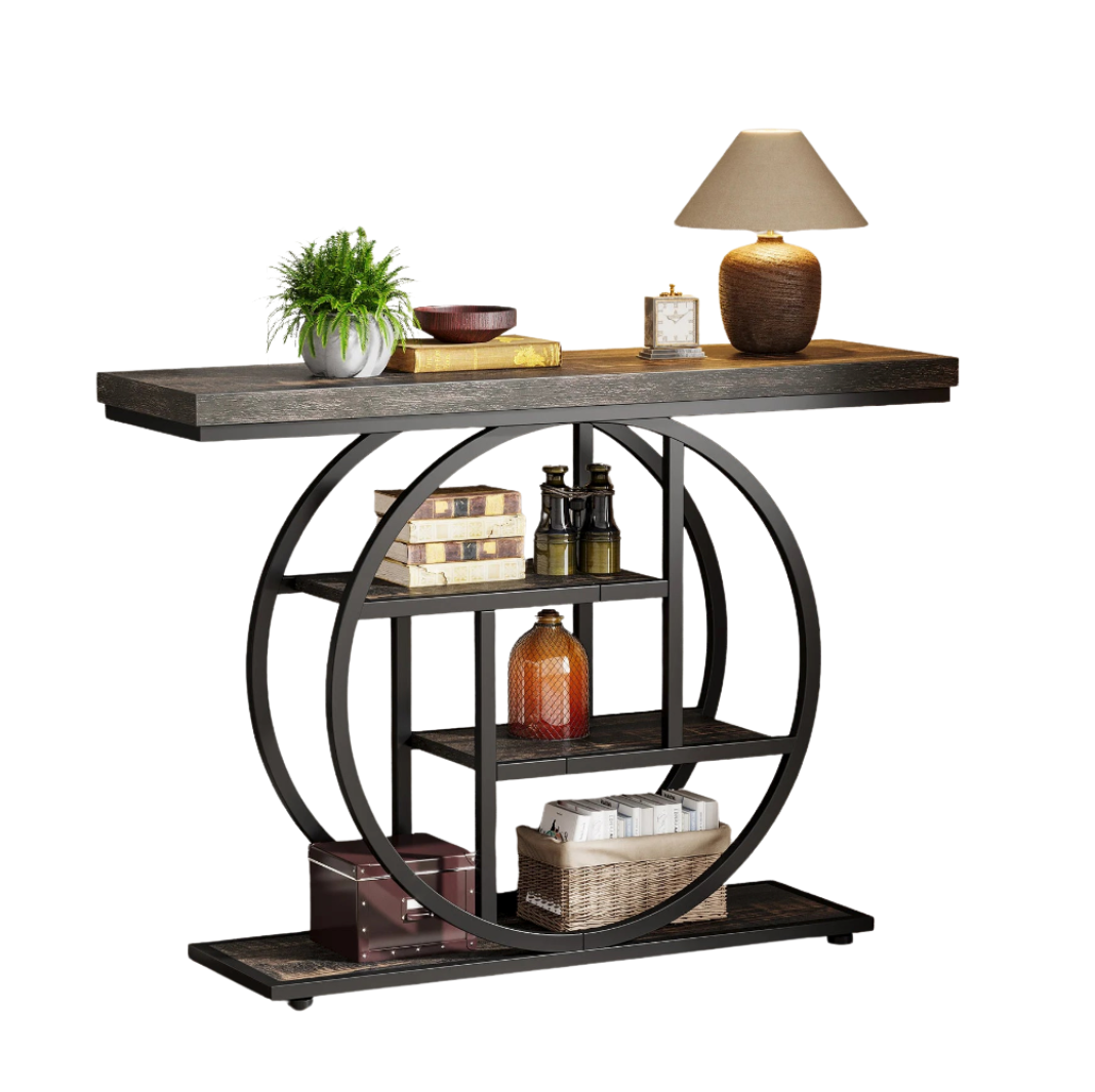 4-Tier Industrial Console Table with Metal Frame and Wooden Shelves Entryway Hallway Storage Table Black