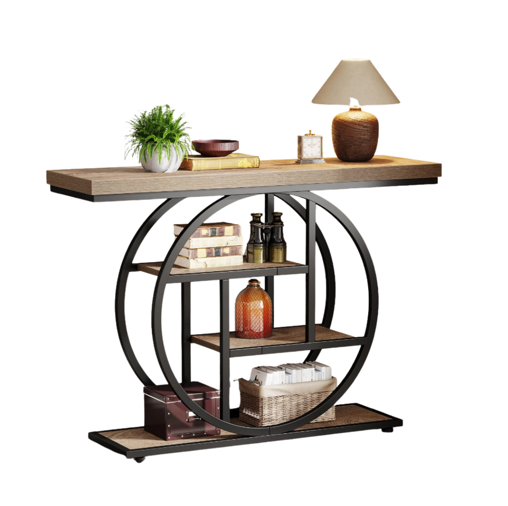 4-Tier Industrial Console Table with Metal Frame and Wooden Shelves Entryway Hallway Storage Table Light Brown