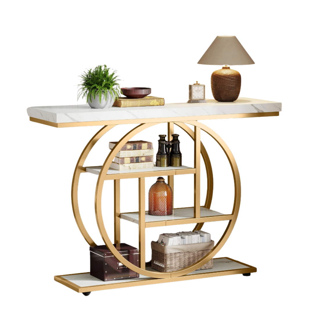 4-Tier Industrial Console Table with Metal Frame and Wooden Shelves Entryway Hallway Storage Table Gold