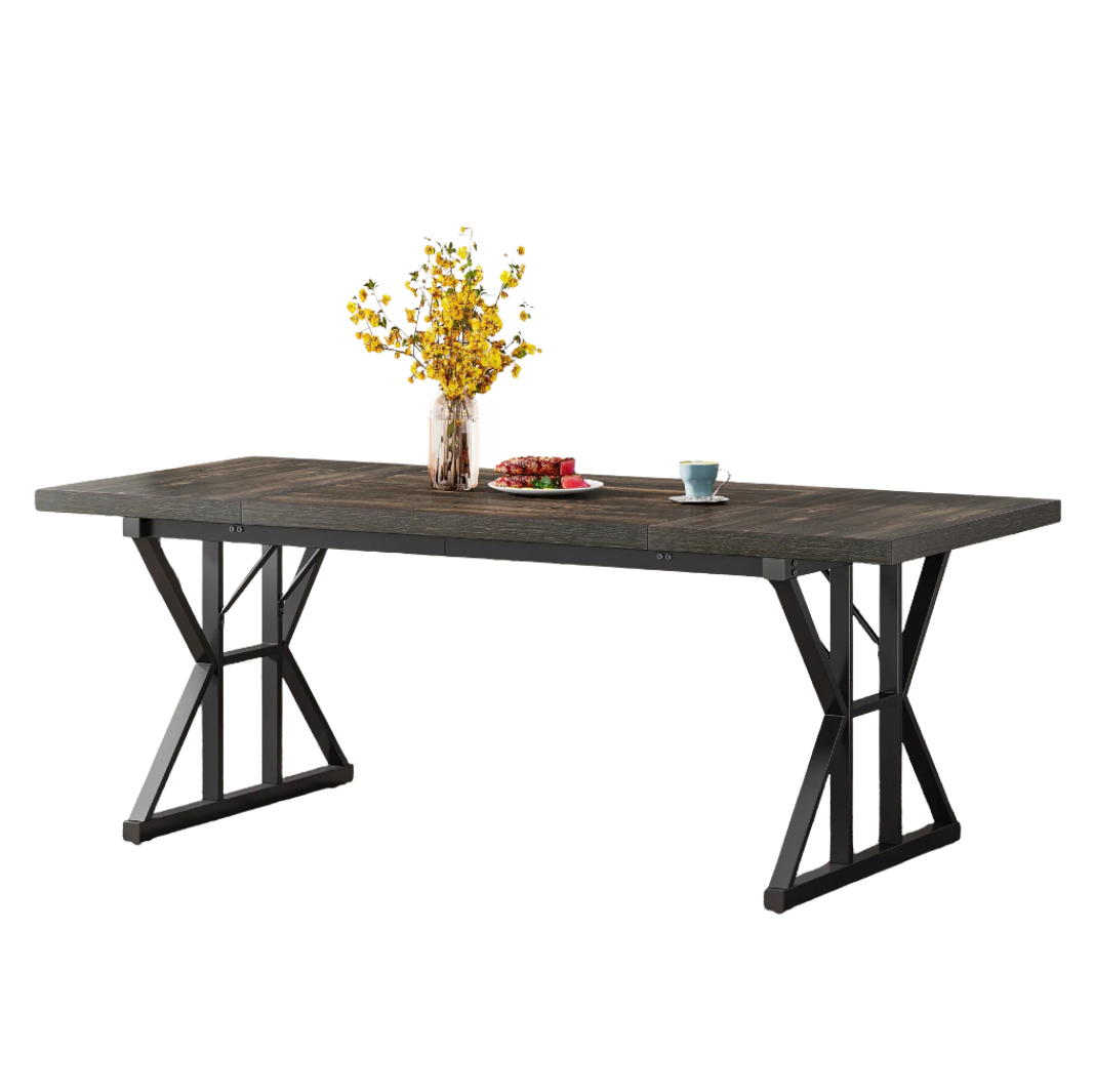 6-Seater Farmhouse Dining Table with Metal Trestle Frame and Wooden Top 180cm Kitchen Table Black Oak