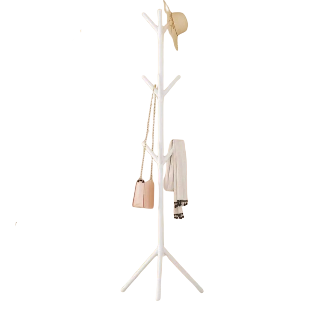 Freestanding Coat Rack with Multiple Hooks Plastic and Metal Clothes Stand White