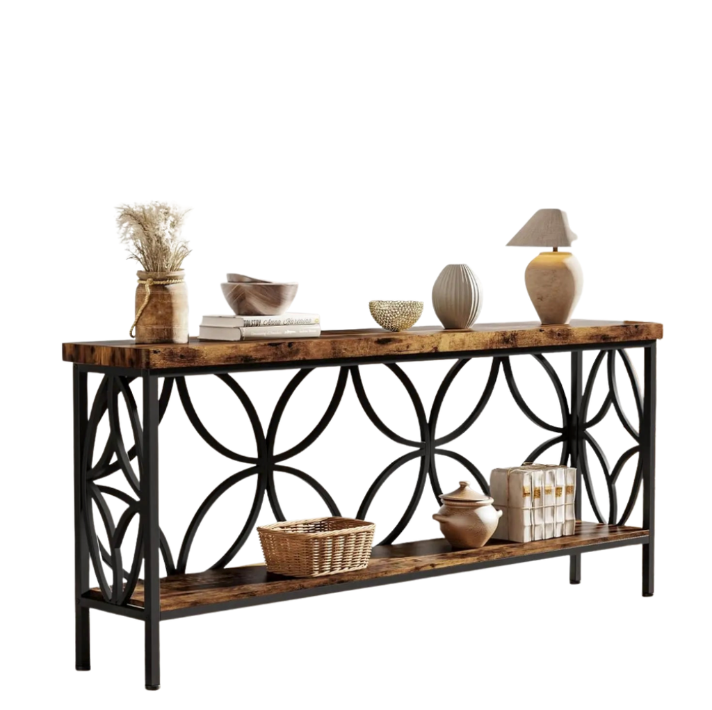180cm Industrial Console Table with 2-Tier Shelf Narrow Sofa Table
