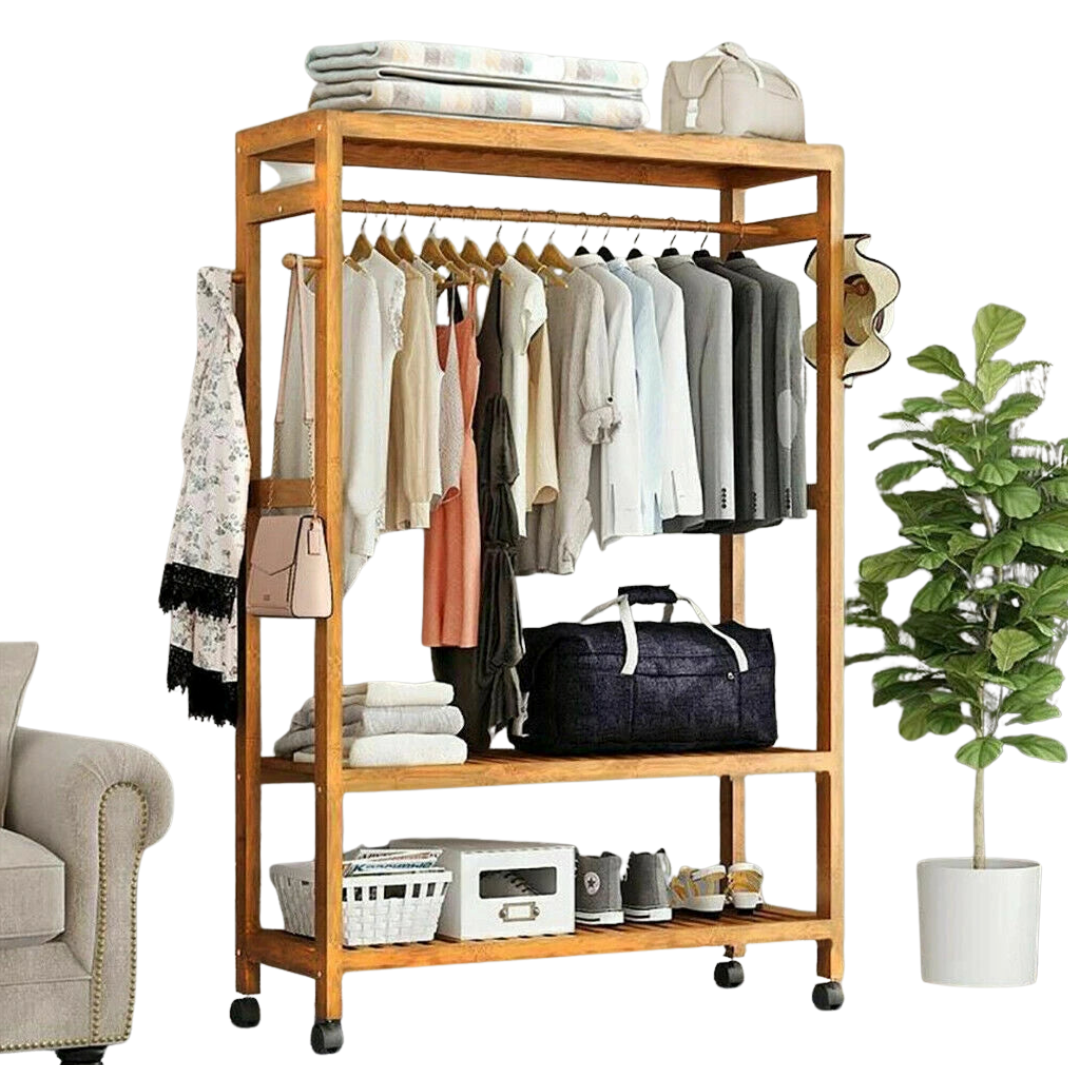 Bamboo Clothes Rack with Shelves, Hooks and Wheels Freestanding Garment Rack Natural Wood