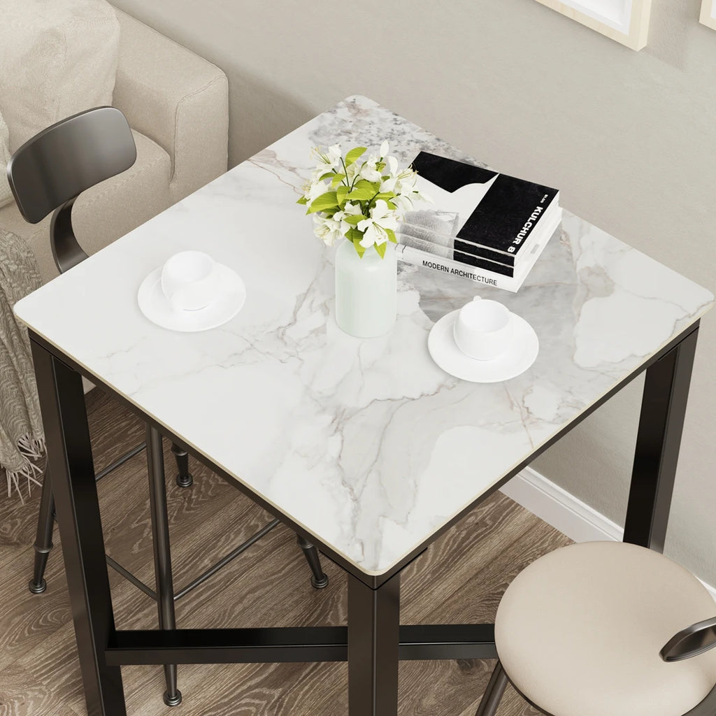 Square Bar Table with Sintered Stone Top and Metal Frame 70cm Modern Kitchen Pub Tabl White