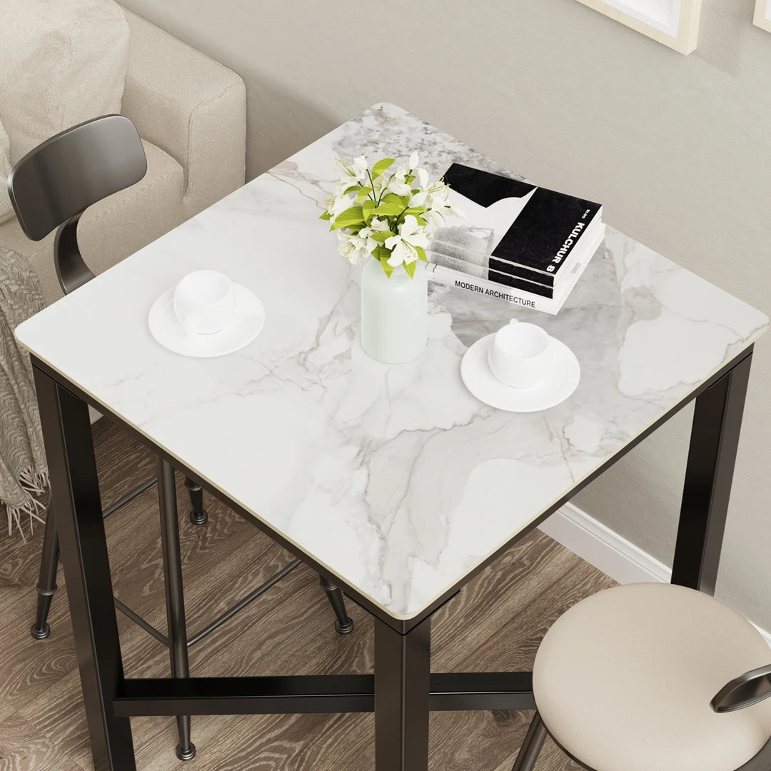 Square Bar Table with Sintered Stone Top and Metal Frame 70cm Modern Kitchen Pub Tabl White