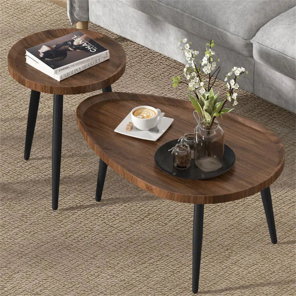 2-Piece Round Coffee Table Set with Metal Legs Modern Nesting Side Tables Walnut & Black
