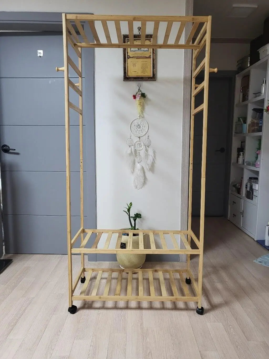 Bamboo Clothes Rack with Shelves and Wheels Freestanding Garment Rack with Hooks Natural wood