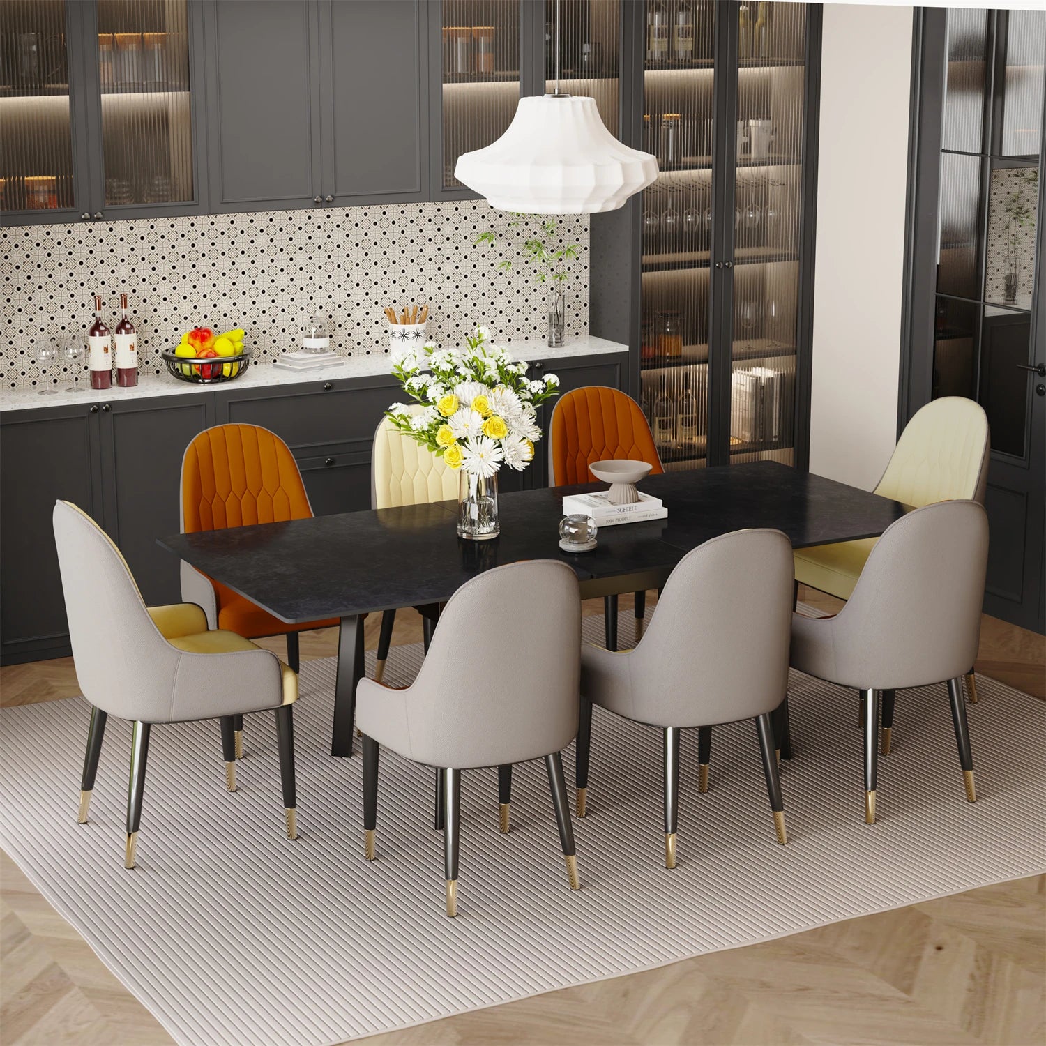 Extendable Dining Table with Sintered Stone Top and Metal Frame 150-180cm Modern Kitchen Table Black