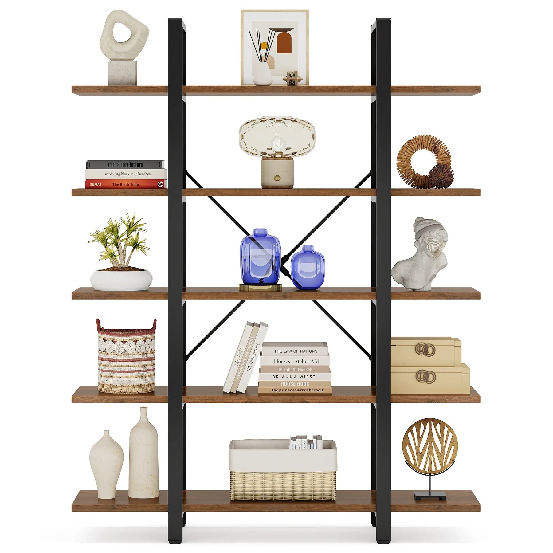 Industrial 5 Tier Bookshelf 180cm Tall Metal Frame Rustic Wood Storage Display Shelf Brown