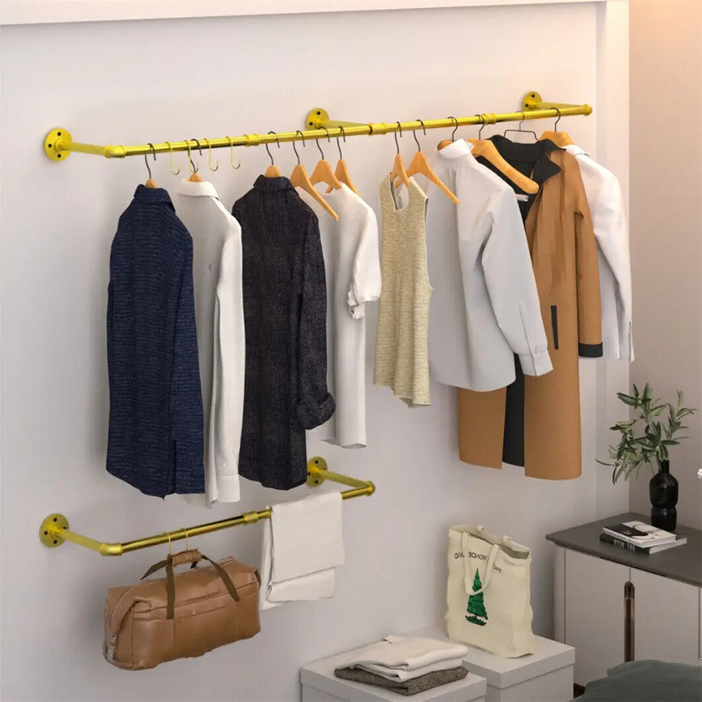 Adjustable Industrial Pipe Clothes Rack Wall Mounted Garment Rack 90-180cm with Hooks Gold