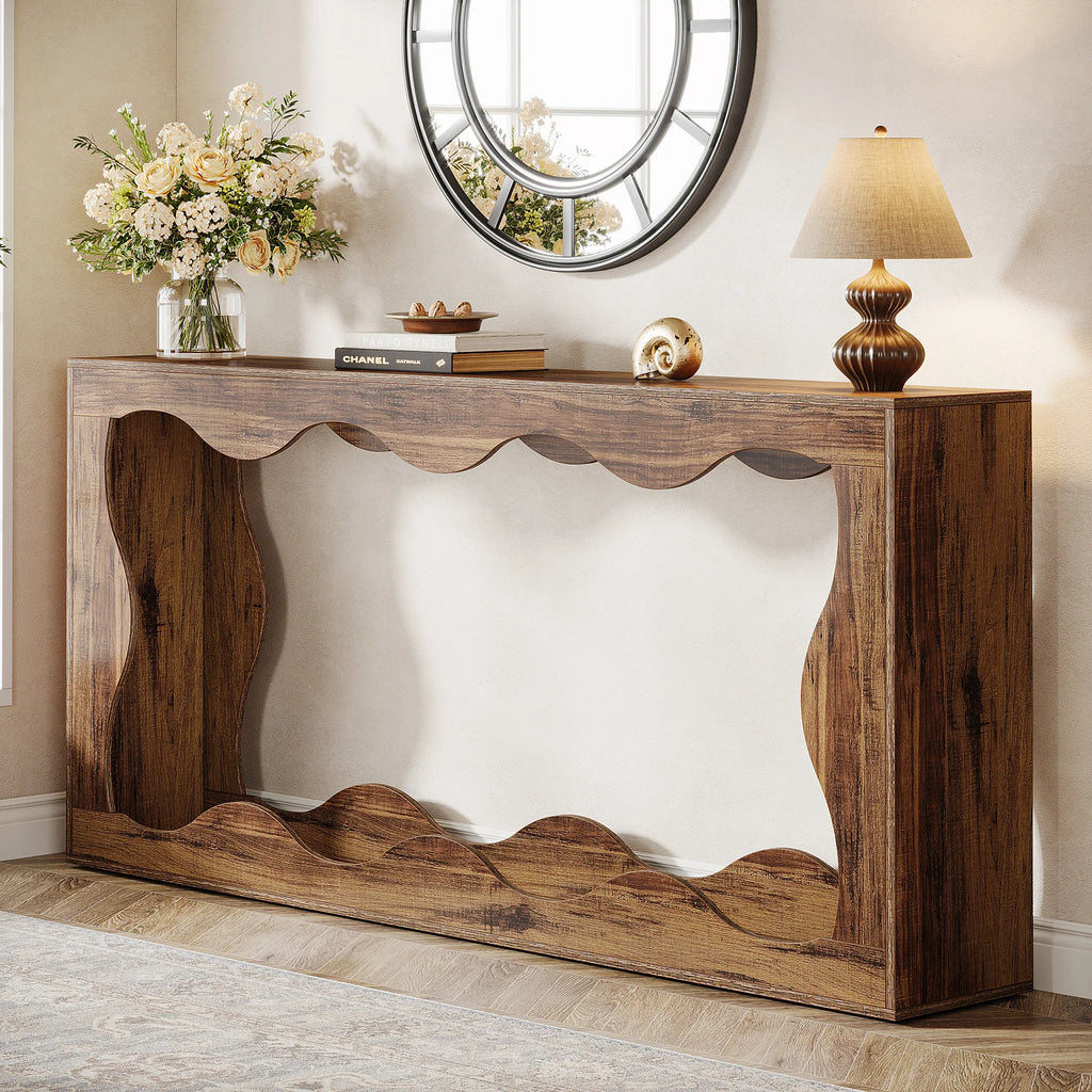 Farmhouse Console Table with 2-Tier Shelf 160cm Entryway Sofa Table Rustic Brown
