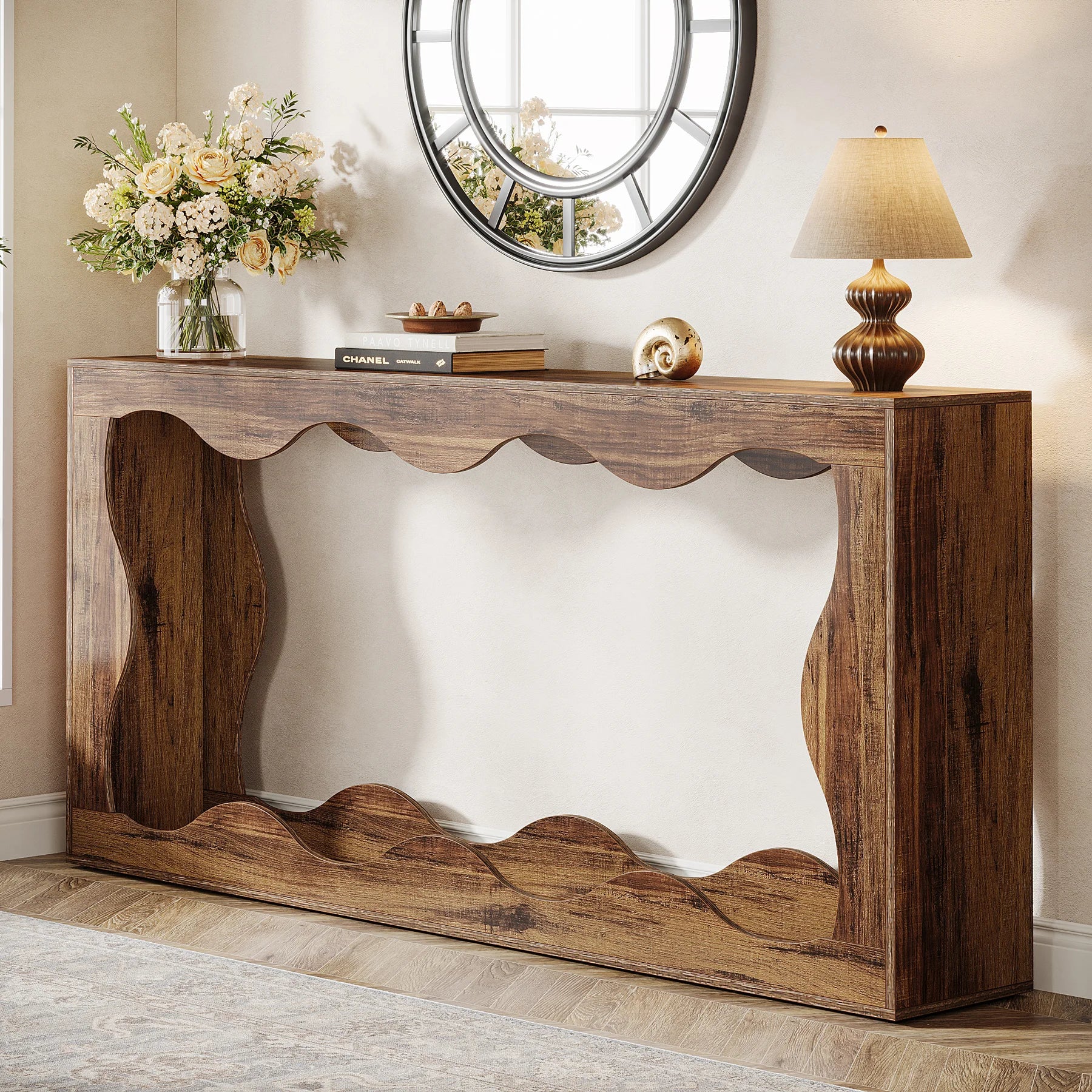 Farmhouse Console Table with 2-Tier Shelf 160cm Entryway Sofa Table Rustic Brown