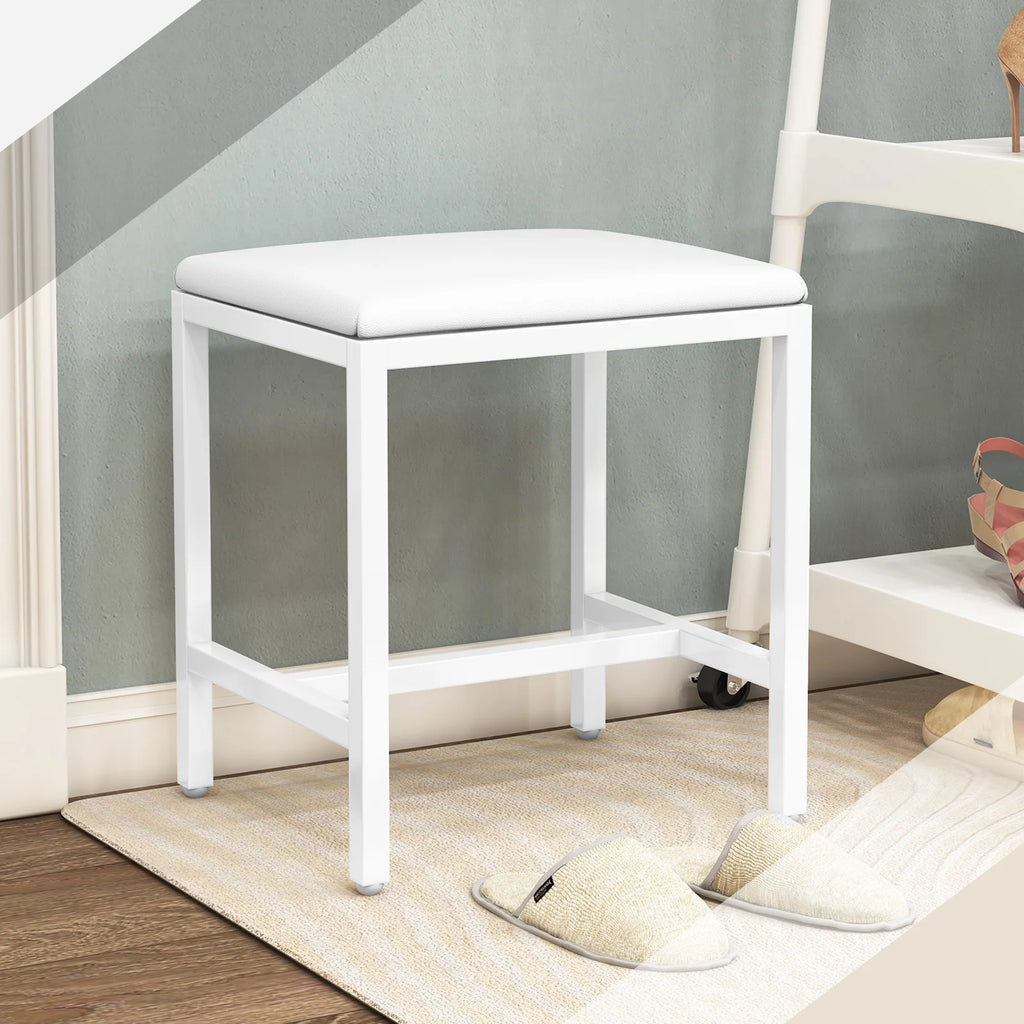 Upholstered Vanity Stool with PU Leather Seat and Metal Legs Dressing Table Chair White