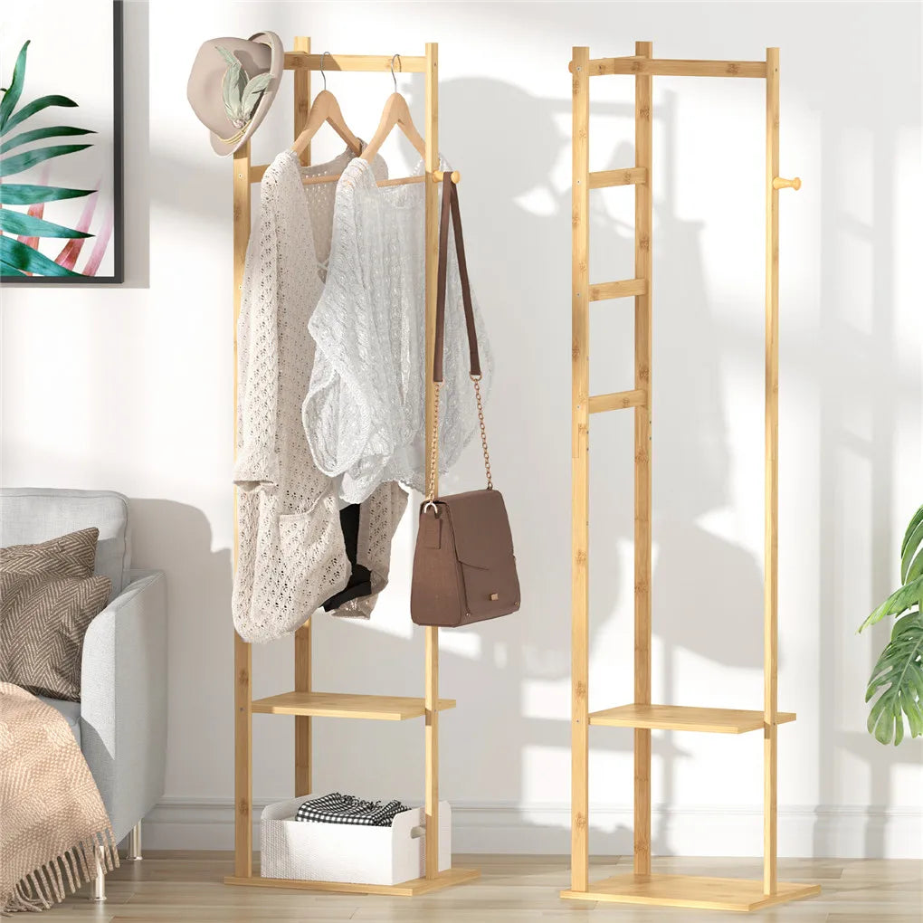 Bamboo Coat Rack Stand with Shelves and Hooks Freestanding Clothes Organiser Natural Wood