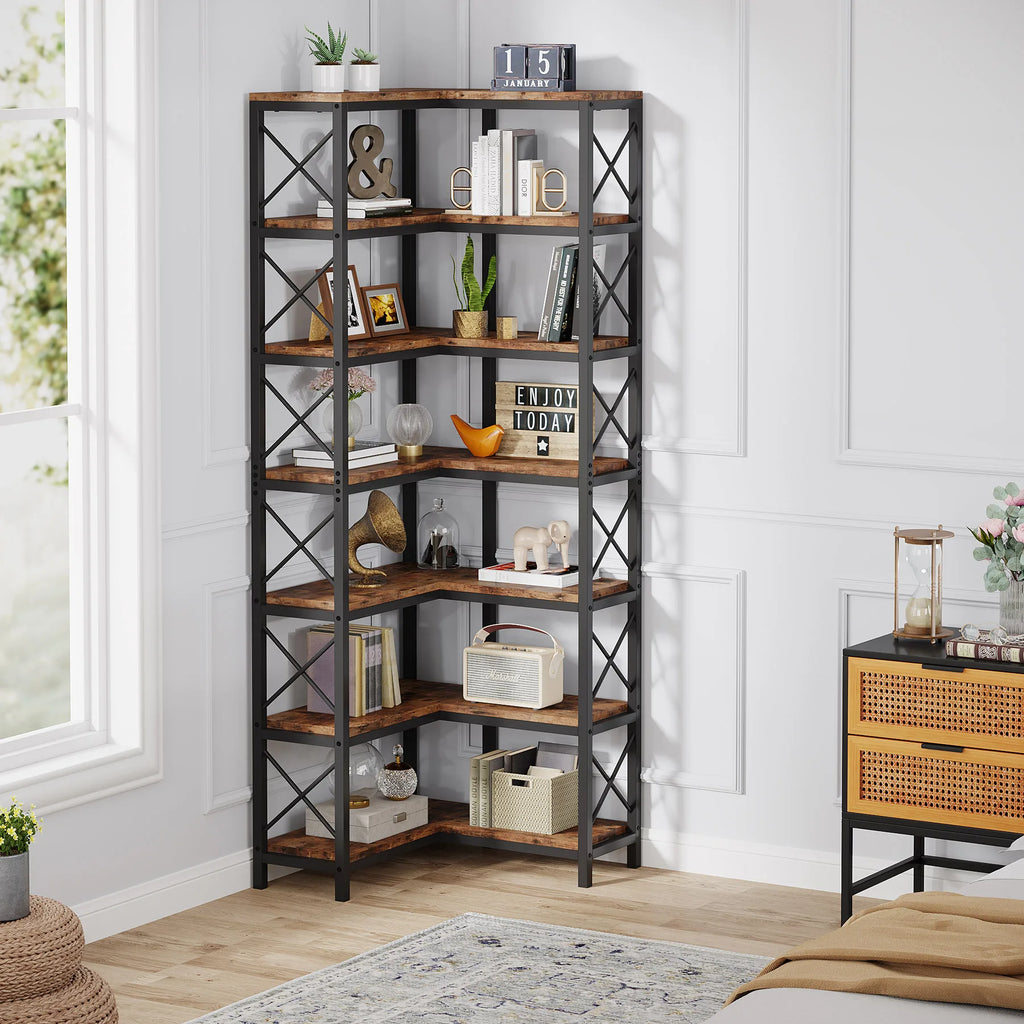 7-Tier Industrial Corner Bookshelf with Metal Frame and Wooden Shelves Heavy Duty Storage Display Rack