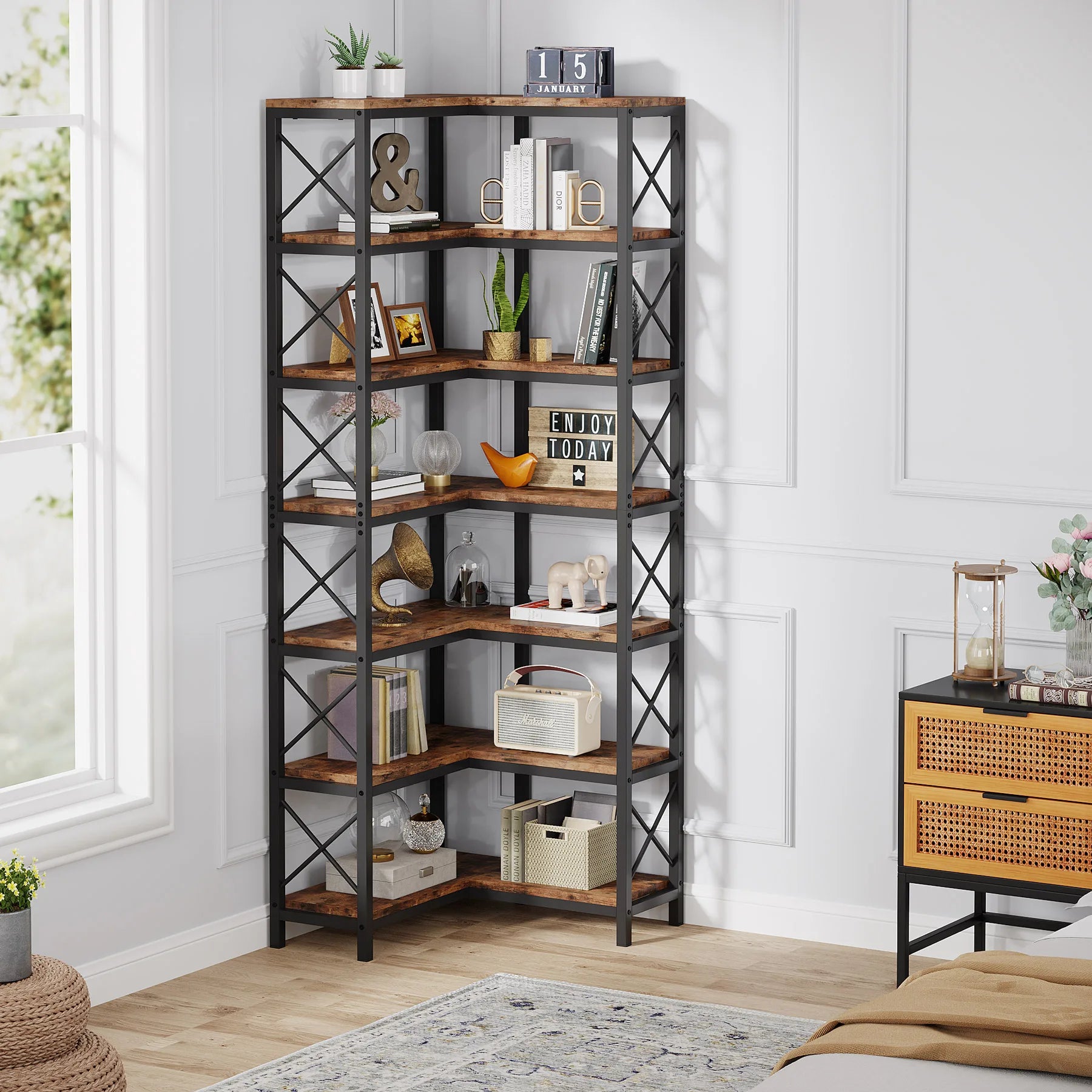 7-Tier Industrial Corner Bookshelf with Metal Frame and Wooden Shelves Heavy Duty Storage Display Rack