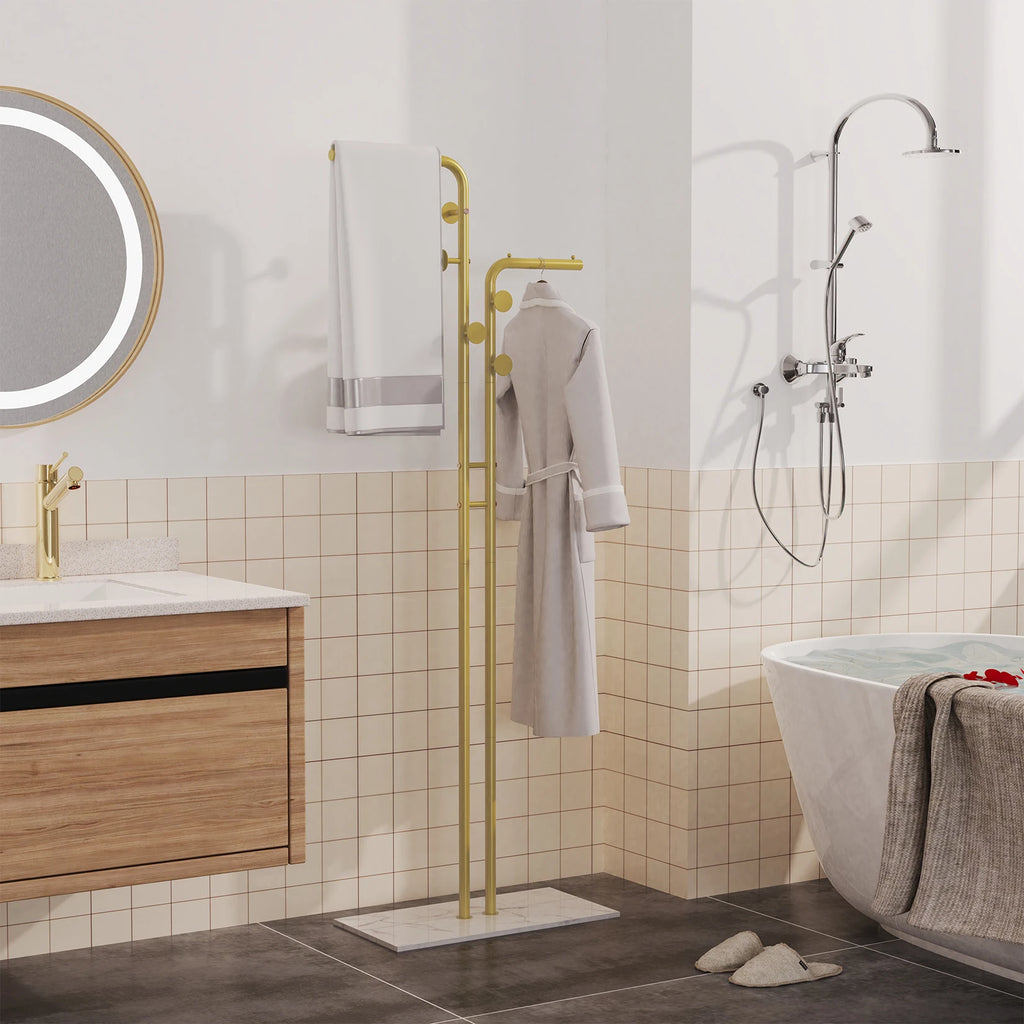 Freestanding Coat Rack with Marble Base and Metal Hooks Modern Hat and Coat Stand Gold
