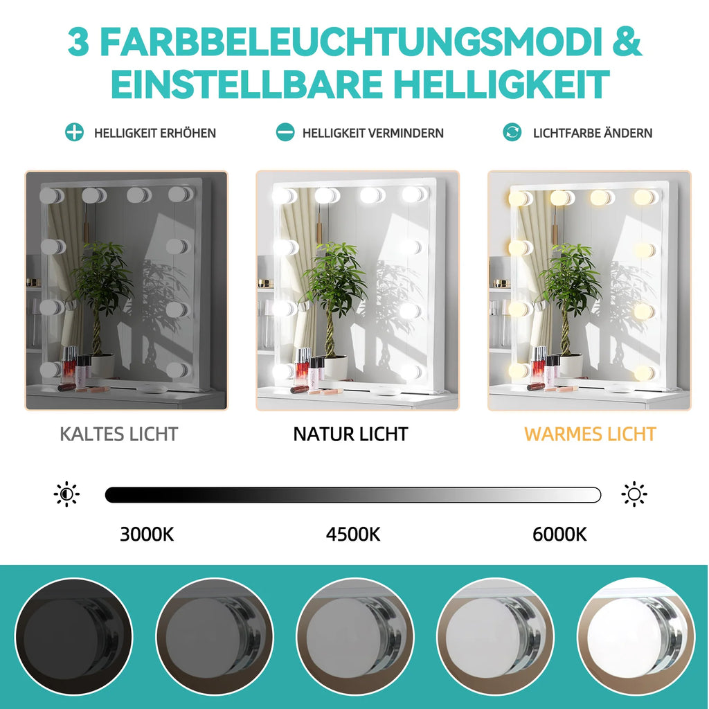 Vanity Table Set with LED Mirror, Stool and Drawers Sliding Mirror Makeup Dressing Table White
