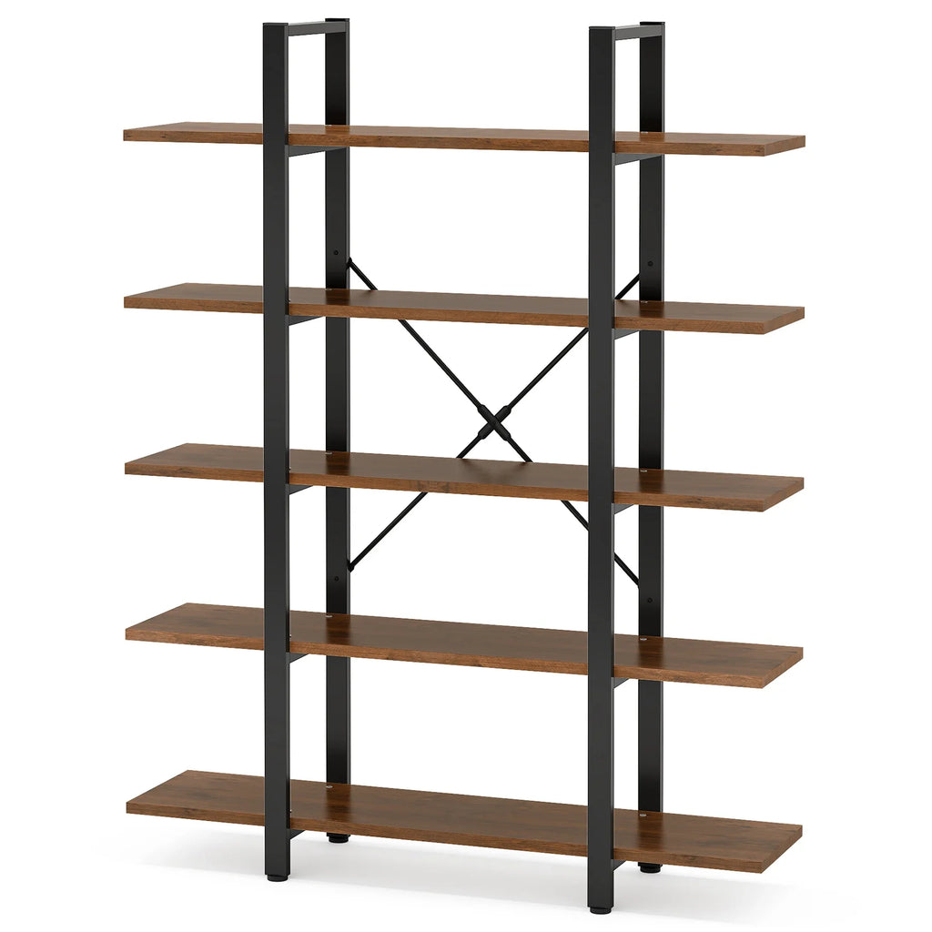 Industrial 5 Tier Bookshelf 180cm Tall Metal Frame Rustic Wood Storage Display Shelf Brown