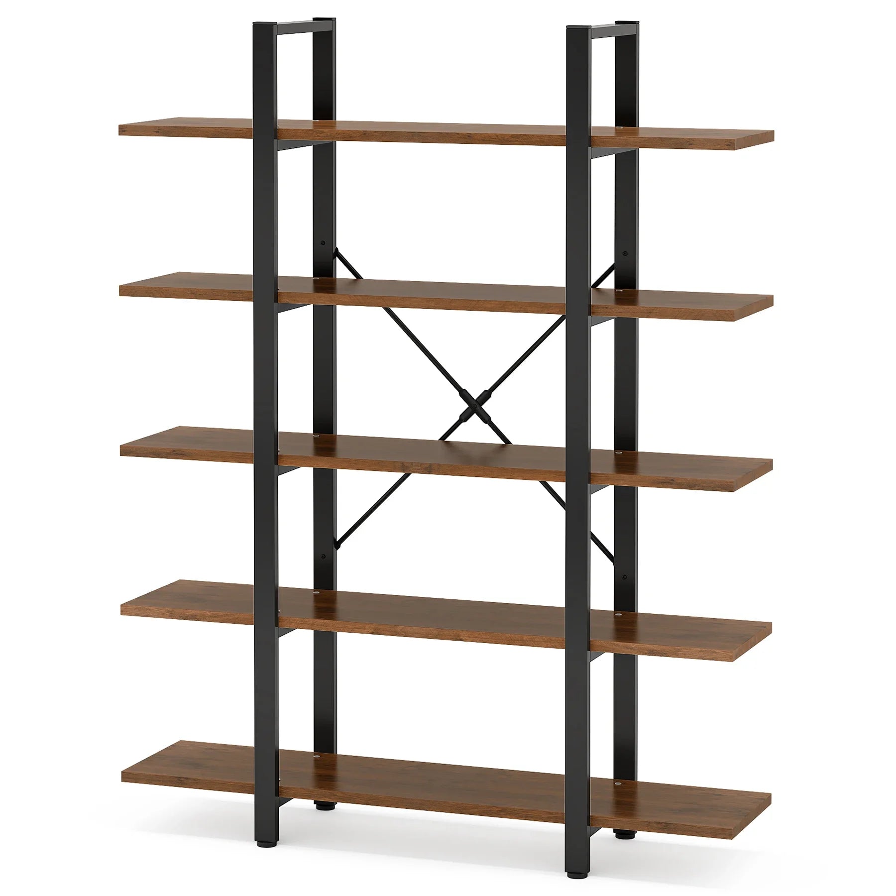Industrial 5 Tier Bookshelf 180cm Tall Metal Frame Rustic Wood Storage Display Shelf Brown