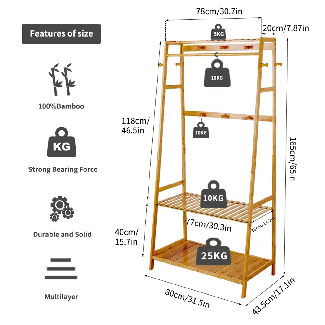 Bamboo Clothes Rack with Shelves, Hooks and Wheels Freestanding Garment Rack Organiser Natural Wood