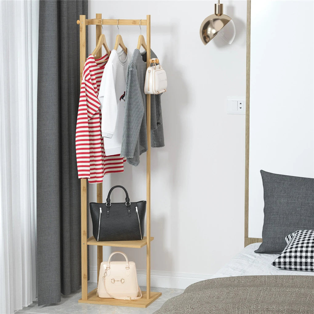 Bamboo Coat Rack Stand with Shelves and Hooks Freestanding Clothes Organiser Natural Wood