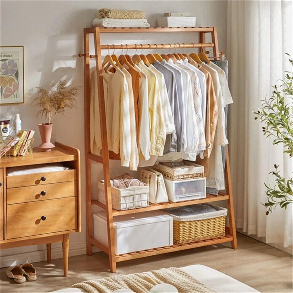Bamboo Clothes Rack with Shelves, Hooks and Wheels Freestanding Garment Rack Organiser Natural Wood
