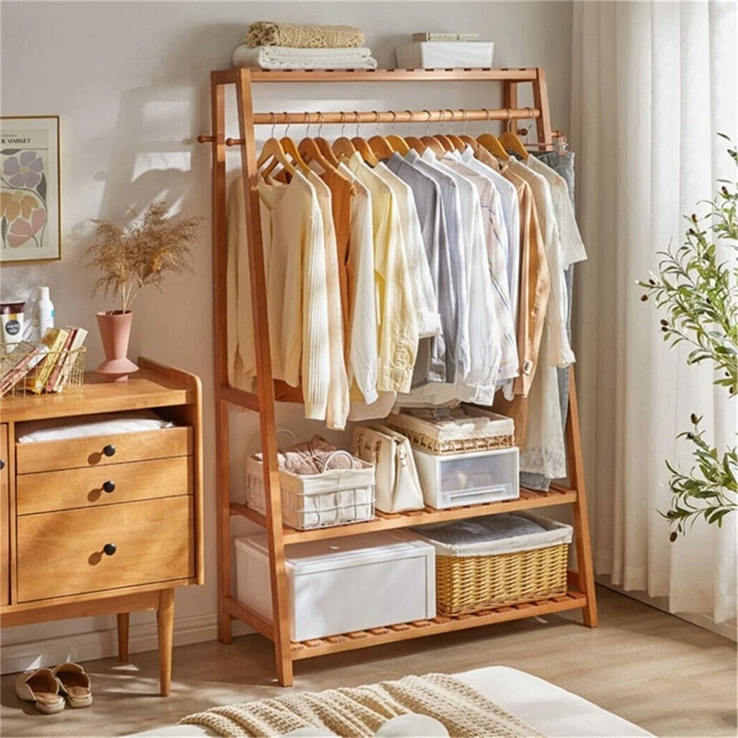 Bamboo Clothes Rack with Shelves, Hooks and Wheels Freestanding Garment Rack Organiser Natural Wood