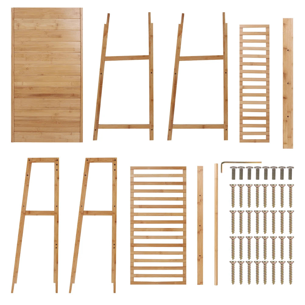 Bamboo Clothes Rack with Shelves, Hooks and Wheels Freestanding Garment Rack Organiser Natural Wood