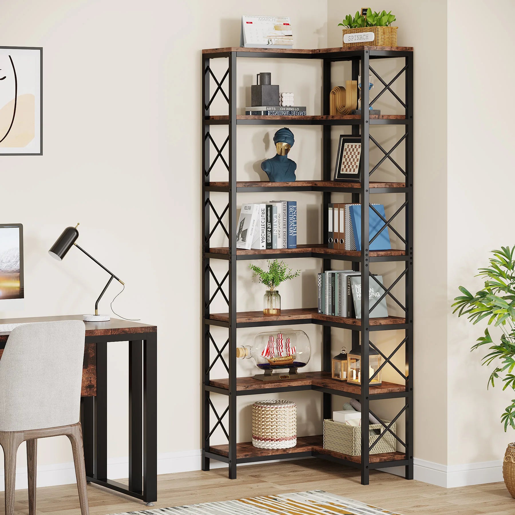7-Tier Industrial Corner Bookshelf with Metal Frame and Wooden Shelves Heavy Duty Storage Display Rack
