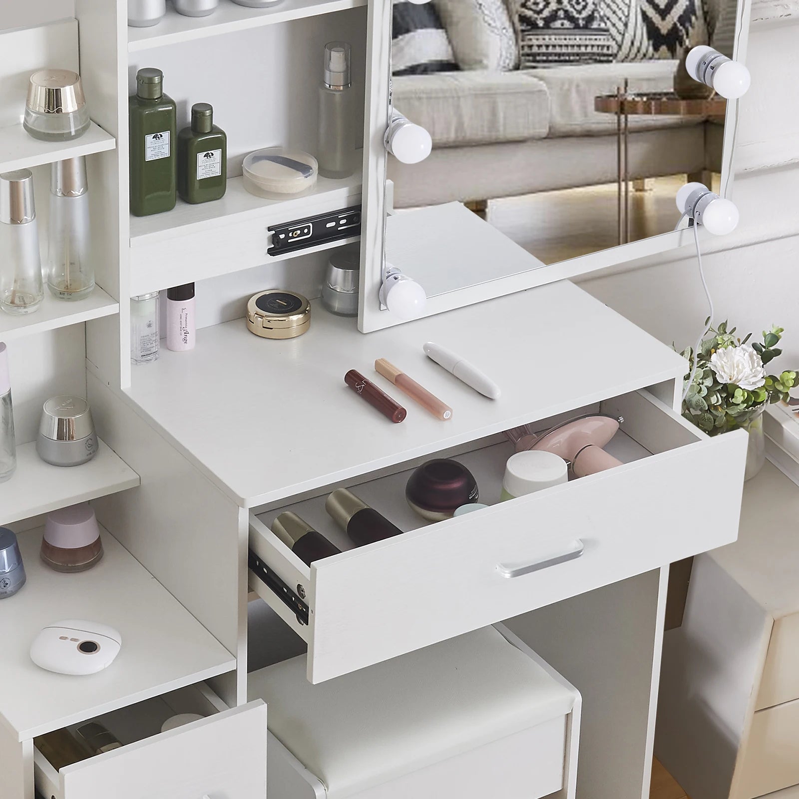 Vanity Table Set with LED Mirror, Stool and 4 Drawers Sliding Mirror Makeup Desk White