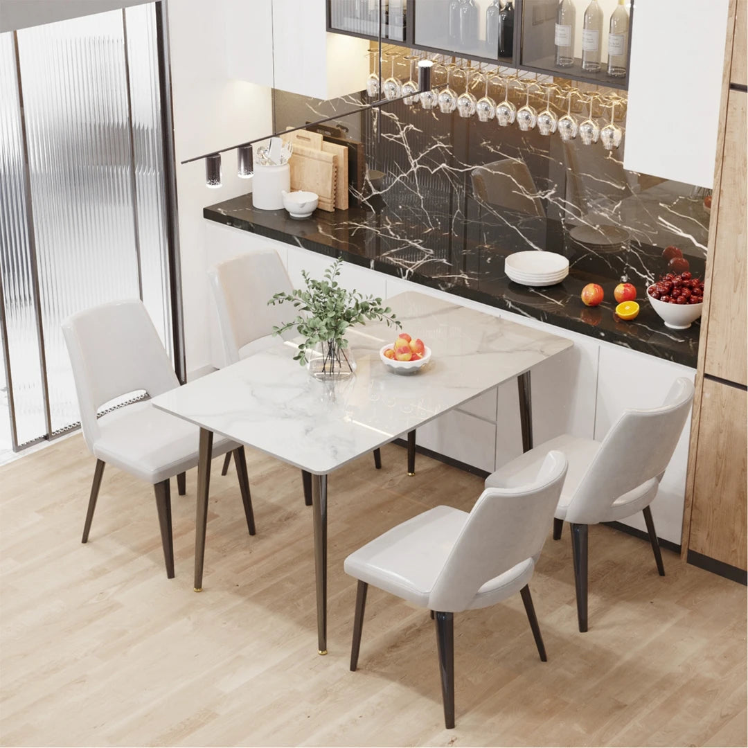 Square Dining Table with Sintered Stone Top and Metal Frame 80cm Modern Kitchen Table White