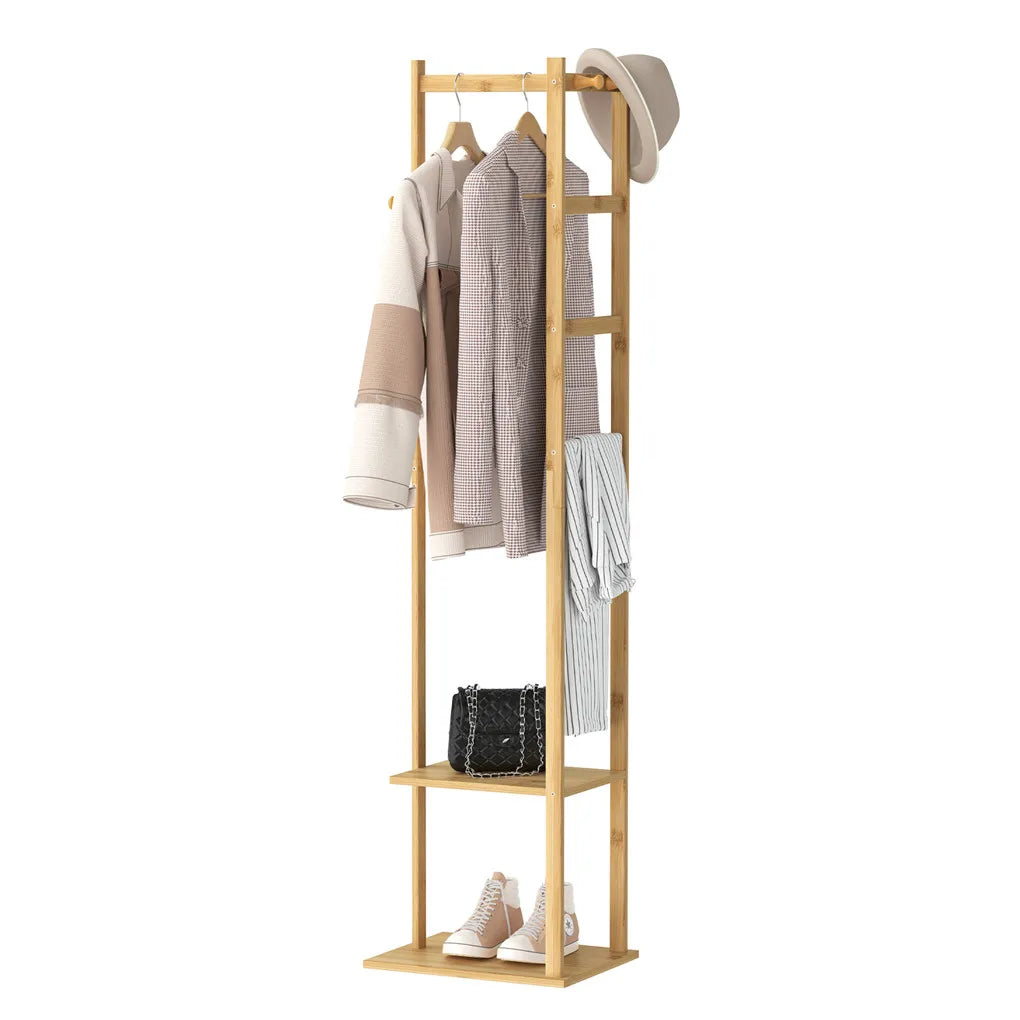 Bamboo Coat Rack Stand with Hooks and Shelves Freestanding Clothes Organiser Natural Wood