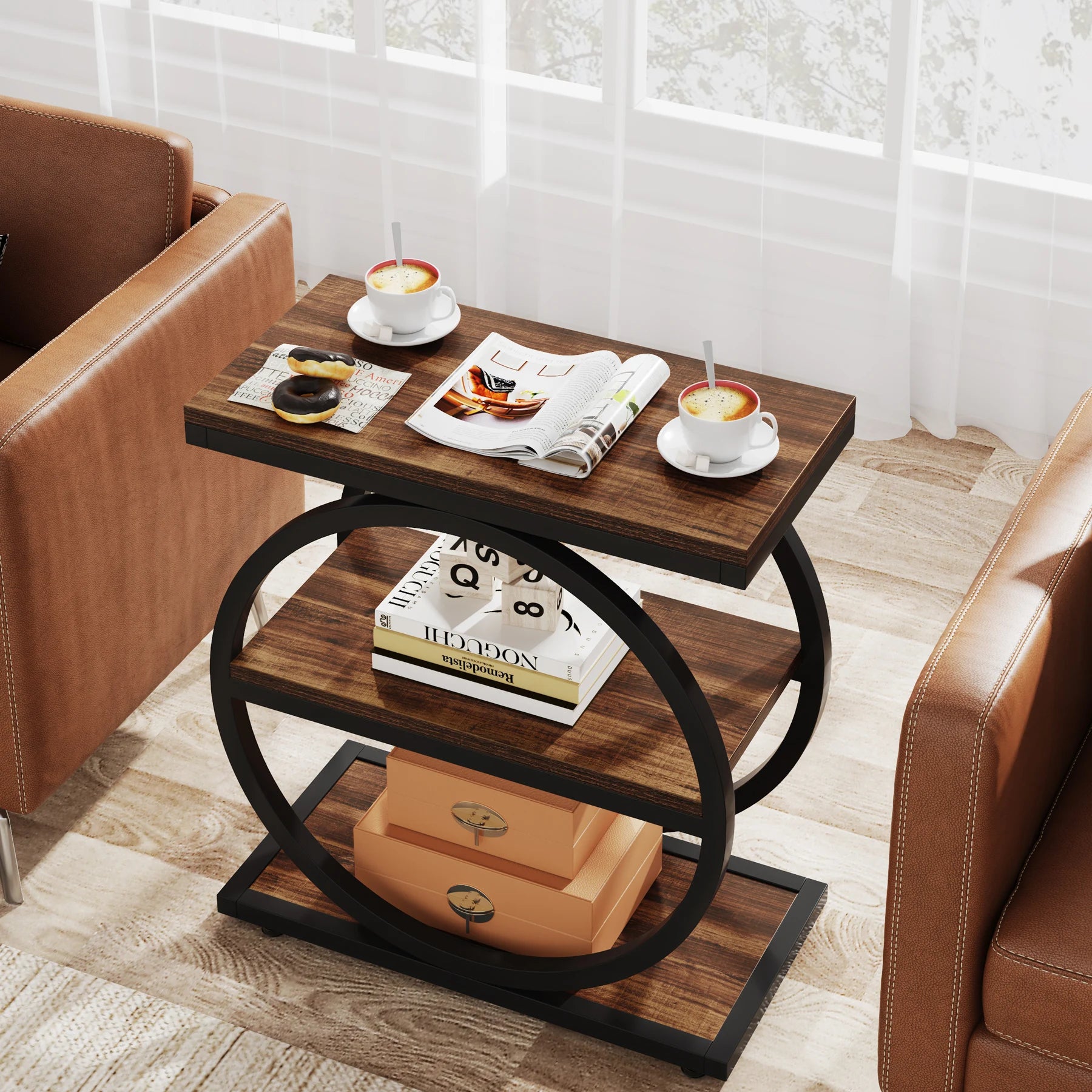 3-Tier Industrial Side Table with Metal Frame and Wooden Shelves Slim Storage End Table