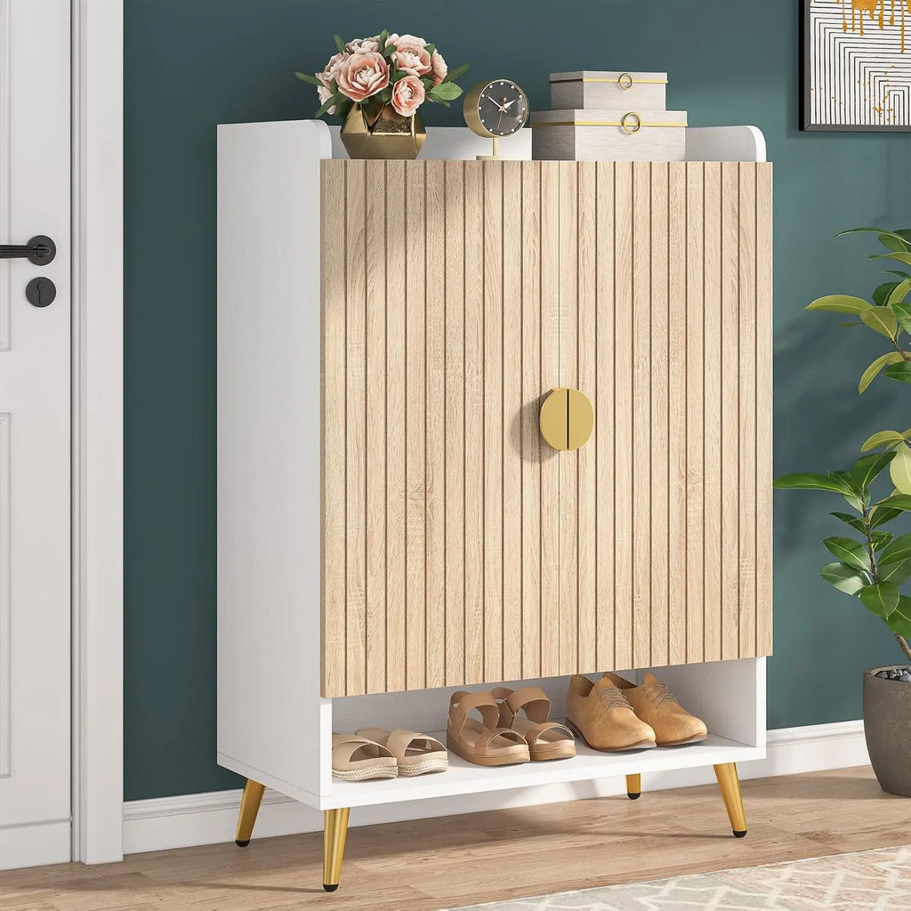 7-Tier Shoe Storage Cabinet with Doors Wooden Entryway Shoe Organiser Holds Up to 24 Pairs White and wood