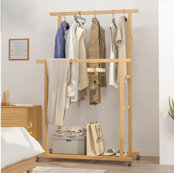 Bamboo Clothes Rack with Hanging Rail, Pants Bar and Bottom Shelf Freestanding Garment Rack Natural Wood