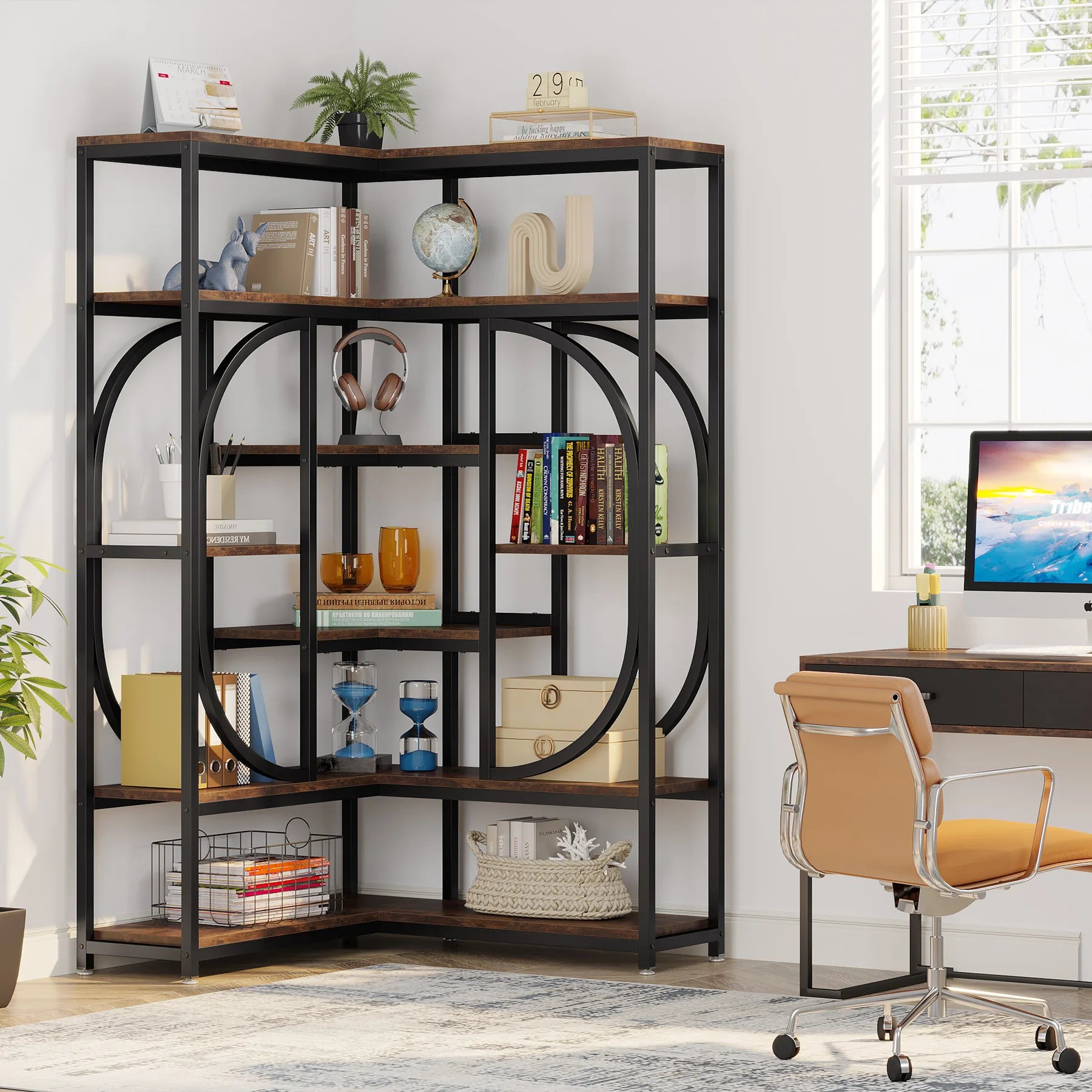 7-Tier Corner Bookshelf Industrial Corner Shelf Storage Display Rack