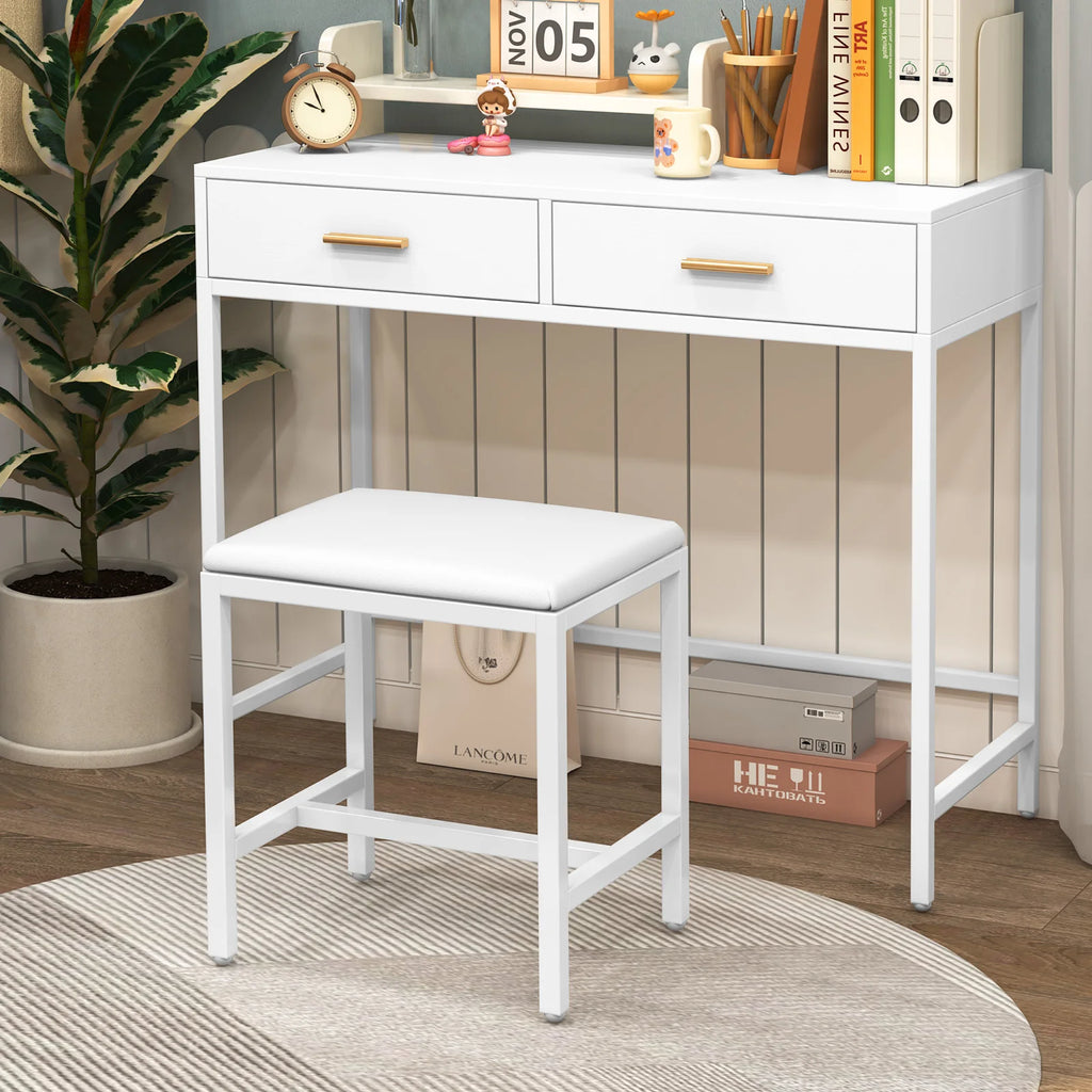 Upholstered Vanity Stool with PU Leather Seat and Metal Legs Dressing Table Chair White
