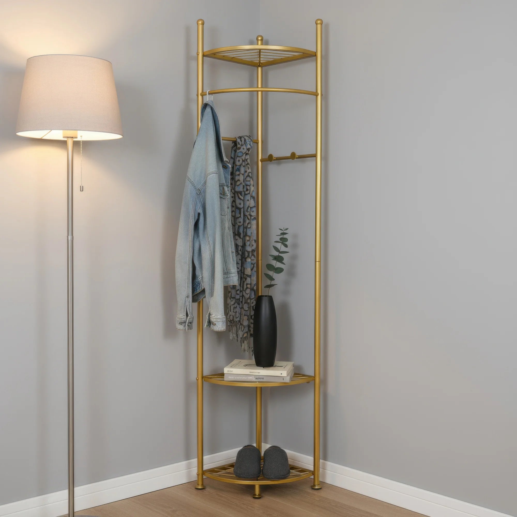 Gold Metal Coat Rack Stand with Shelves Freestanding Corner Clothes Rack Natural Wood