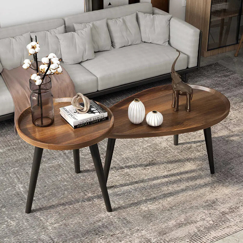 2-Piece Round Coffee Table Set with Metal Legs Modern Nesting Side Tables Walnut & Black