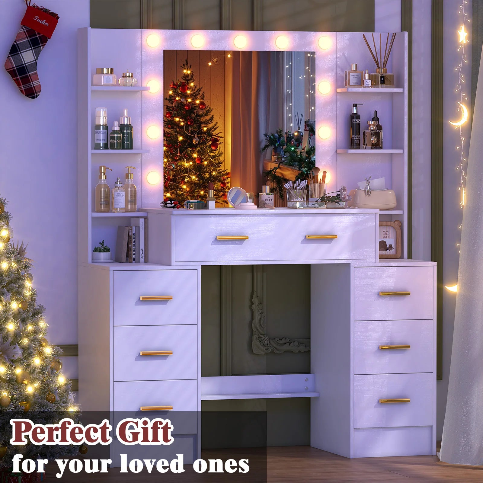 Vanity Table with LED Mirror and 7 Drawers Makeup Dressing Table with Storage Shelves