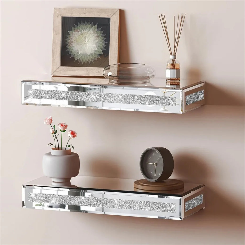 Floating Wall Shelf Set of 2 with Mirrored Glass Finish Decorative Display Shelves 38cm
